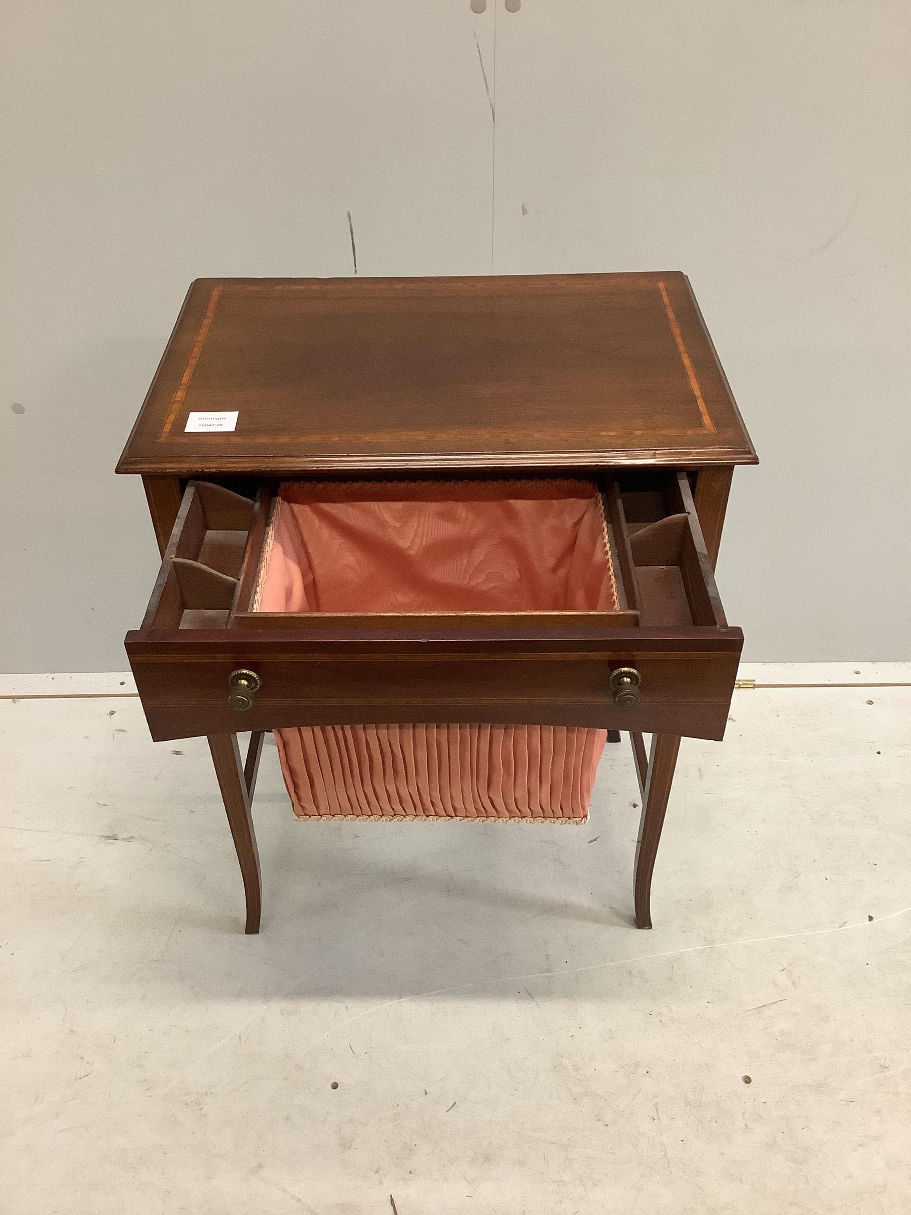 An Edwardian satinwood banded mahogany work table, width 51cm, depth 35cm, height 68cm. Condition - fair